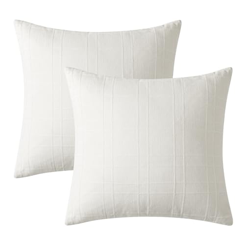 Image of MIULEE Decorative Linen Check Throw Pillow Covers Neutral Farmhouse Vintage Pillow Covers 18x18 Set of 2 Boho Modern Home Decor for Sofa Couch Bedroom Cushion Cream White