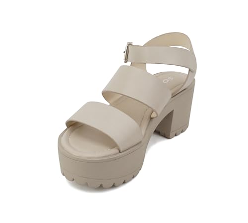 Image of Soda ACCOUNT ~ Women Open Toe Two Bands Lug sole Fashion Block Heel Sandals with Adjustable Ankle Strap