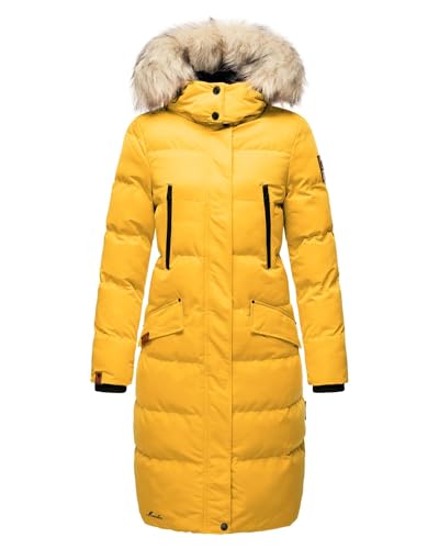 MARIKOO lange Damen Winterjacke warmer Parka gesteppt mit Kapuze B890 [B890-Schneestern-A-Yellow-Gr.M]