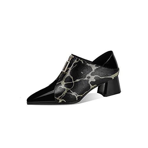 TinaCus Women's Pointed Toe Genuine Leather Handmade Front Zipper Low Chunky Heels Stylish Pumps Shoes