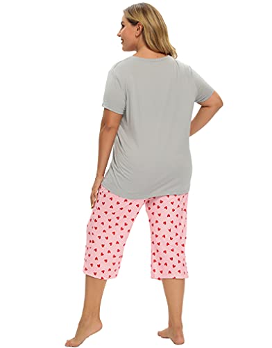 Image of Vozanet Women's Pajamas Set Soft V Neck Sleepwear Top and Capri Pj Lounge Sets Cartoon Heart Shape Cat Nighty Plus Size