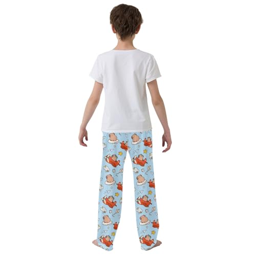 Cartoon Capybara Pilot Blue Cute Pajama Pants, Soft Sleepwear Lounge Pants Pajama Pj Bottoms for 6-14 Years3