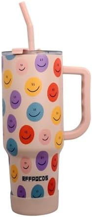 40 oz Tumbler with Handle and Straw,Smiley Face Insulated Stainless Steel Travel Mug,100% Leak-proof with Dual drinking mode lid,Cup Holder Friendly base