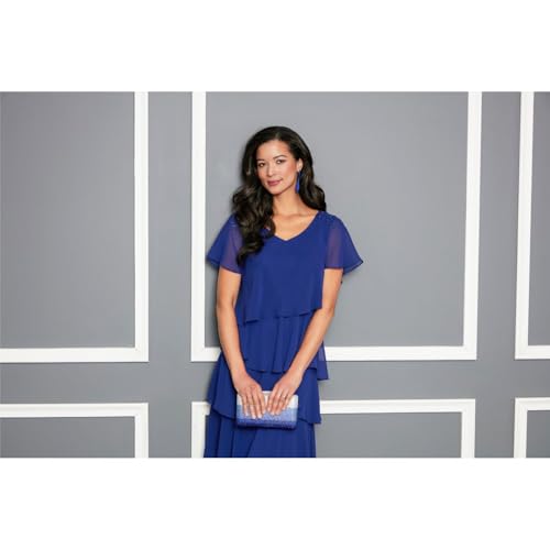 Image of S.L. Fashions Women's V-Neck Chiffon Cocktail Dress with Beaded Shoulders and Asymmetrical Tiers (Petite and Regular Sizes)
