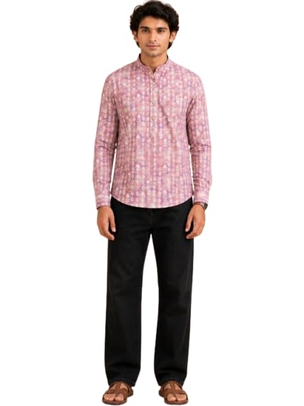 Men's Onion Pink Linen Printed Short Kurta for Casual Wear | Comfortable Ethnic Traditional Kurta | Daily Use, Office Wear, Summer Wear, Festive, Regular & Weekend Wear-image-44