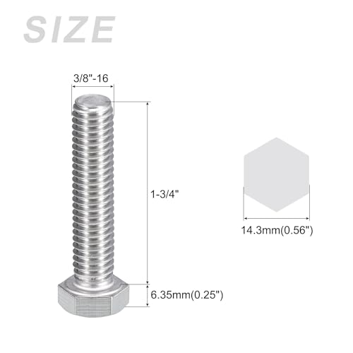 Image of METALLIXITY Hex Head Bolts (3 /8-16 x 1-3 /4 inch) 5Pcs, 304 Stainless Steel 18-8, Fully Threaded, External Hex Drive, Plain Finish, Hex Head Screw Bolt, Silver