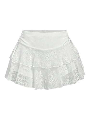 Verdusa Women's Floral Lace Tiered Layered Ruffle Skirt Bow Tie Flowy Mini Skirts