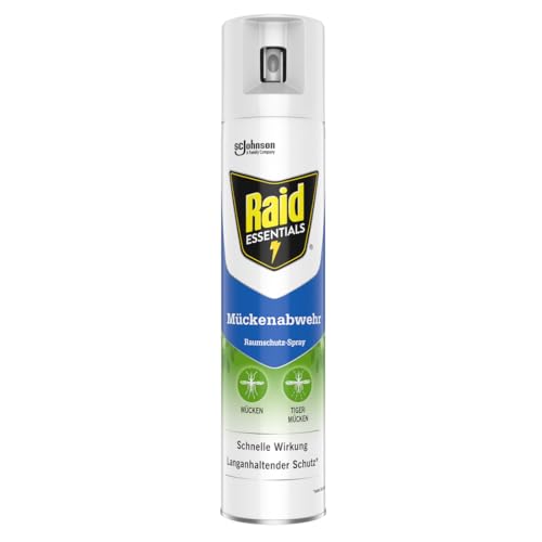 Raid Essentials Mückenschutz Raumschutz-Spray, natürlicher Schutz mit pflanzlichen Wirkstoffen, geruchsneutral, bis zu 4 Stunden wirksam, 300 ml Sprayflasche