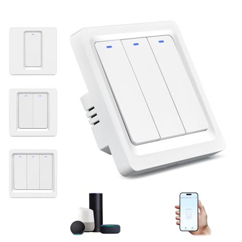 WiFi Smart Light Switch No Neutral Wire Required Smart Wall Switch with Remote Control Voice Control and Timer Compatible with Alexa and Google Assistant Easy Installation (3 Gang Single L Wire)