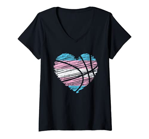 Womens Basket-Ball Heart Trans-gender Pride Cool Sport LGBT-Q Ally V-Neck T-Shirt, Black