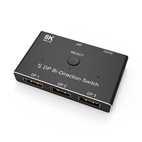 8K DisplayPort Switch Splitter 3 Port 1x3 Bi-Directional DP 1.4 Switcher 3x1 8K@60Hz 4K@144Hz for Switch Multiple Sources and Display