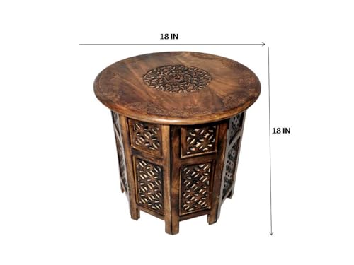 Image of Artesia Wooden Handcrafted Folding Round Coffee Table for Livingroom and Bedroom End Table Solid Wood Outdoor Center Table for Garden (Brown)