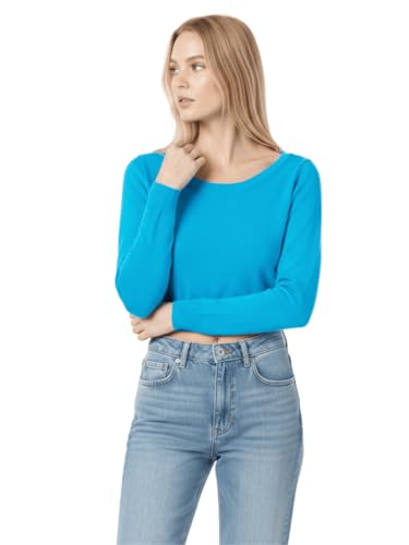 Image of Women's Crop Top Stretch Sweater - Long Sleeve Slim Bodycon Crewneck Casual Basic Solid Cropped Knit Pullover Top