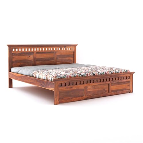 Image of Sheesham Wood Bed Without Storage Solid Wooden Cot Double Bed Furniture Elegant and Functional Bedroom Living Room Home Palang (Golden Brown with Natural Wood Grains, King)