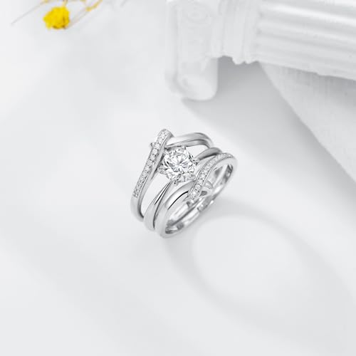 Wedding Ring Set for Women Bridal Ring Set 1 Carat Center Moissanite Engagement Ring Set 3 Piece Wedding Ring Sets for Her Platinum Plated Silver Anniversary Promise Rings size7 - Image 5