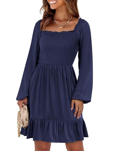 ANRABESS Womens Long Lantern Sleeve Square Neck Dress Smocked Tiered High Waist Ruffle Flowy Swing 2025 Fall Short Dresses2