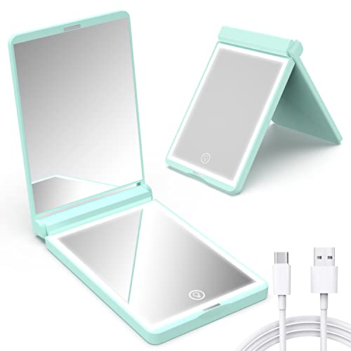 Wobsion Espejo de bolsillo plegable, LED USB con aumento de 1x/3x, plegable 300°, interruptor magnético de 2 lados, espejo de viaje pequeño, regalo para niñas, color cian Cover