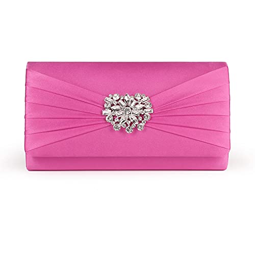Image of Evening Bags For Women Pleated Satin Rhinestone Brooch Prom Clutch Purse With Detachable Chain Strap