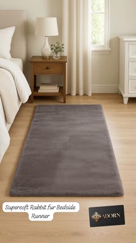 Image of Adorn Supersoft Rabbit Fur Bedside Runner Rug, 60 * 140cms Anti-Skid Backing (Grey)