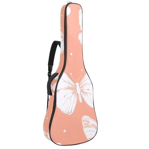 White Butterflies Hearts and Dots on Orange Background Acoustic Guitar Bag, Guitar Case Gig Bag 40 41 42 inch with Dual Adjustable Shoulder Strap and Back Hanger Loop