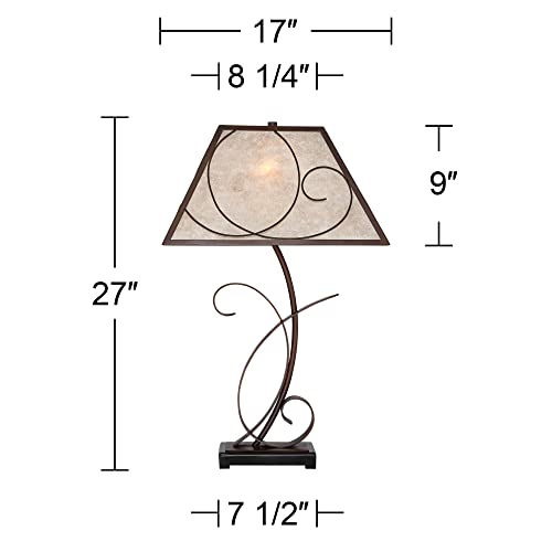Franklin Iron Works Teri Rustic Farmhouse Table Lamp 27" Tall Vintage Brown Scroll Metal Light Mica Tapered Rectangular Shade For Bedroom Living Room House Home Bedside Nightstand Office Entryway #TOP22