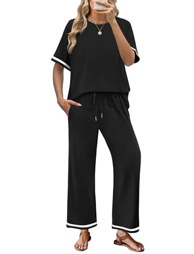 Sampeel Workout Sets for Women 2 Piece Set Summer Travel Vacation Outfits Cozy Wide Leg Pants Comfy...