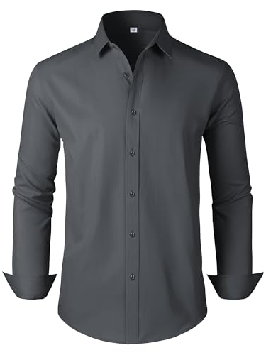 GIANZEN Dark Grey Button Down Shirt Men Men's Mens Long Sleeve Dress Shirts Casual for Work Wrinkle Free Business Dark Grey Size S