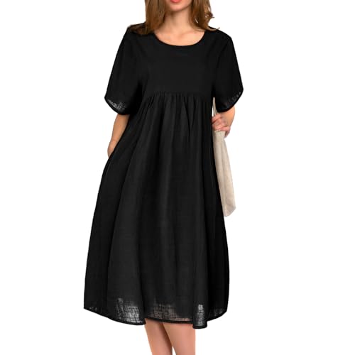 BSBUY Vestido Camiseta Mujer Manga Corta, Vestido Mujer Verano en Talla Grandes, Casual Vestidos Hasta la Rodilla para Mujer, con Plisado, con Bolsillos y Cuello Redondo, Negro-XL