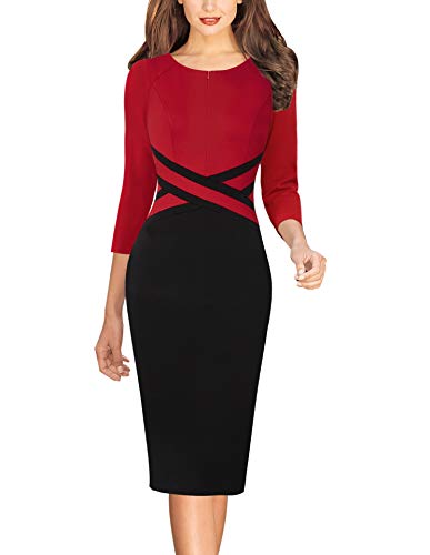 Vfshow E671C-L Womens Red And Black Colorblock Patchwork Slim Zipper Up Work Business Office Party Bodycon Pencil Sheath Dress 6472 Red Xxl thumb #1