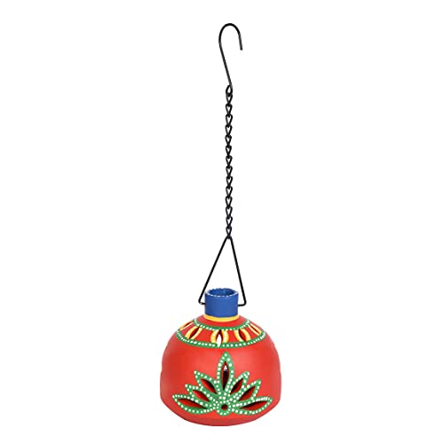Image of AAKRITI ART CREATIONS Terracotta Handpainted Red Matki Hanging Tea Light | Floral Art Handmade Hanging Decor | Matte Finish Terracotta Decorative Hanging Items for Home | Handpainted Decor
