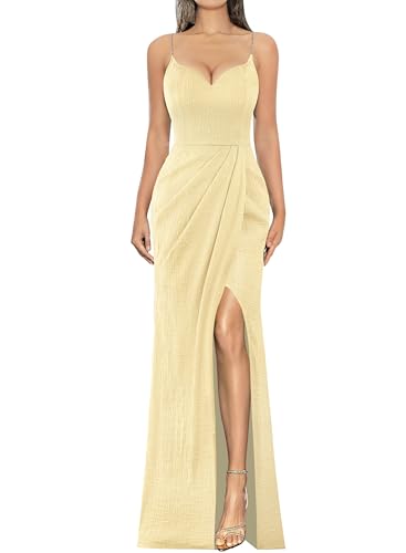 VFSHOW Womens Sexy Formal Ruched Fitted High Slit Bodycon Maxi Dress Spaghetti Strap Sweetheart Cocktail Prom Evening Gown