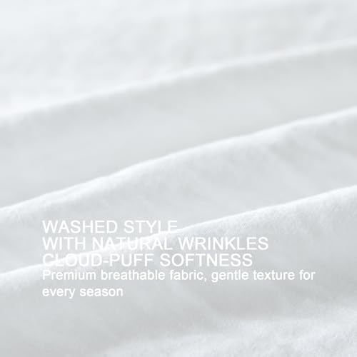 Image of Pure White Ruffle Comforter Set Queen, Pre-Washed Shabby Chic Bedding Set, Lightweight Cottagecore Soft Romantic Cozy 1 Comforter & 2 Shams, All-Season