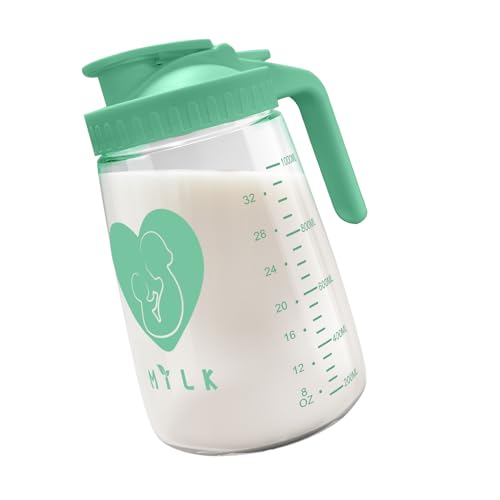 Image of Breast Milk Pitcher, 32 oz Glass Mason Jar with Lid, Wide Mouth & Leakproof Easy Pouring Glass Pitcher for Breastmilk, Sun Tea, Juice, Cold Brew Coffee, and Other Beverages