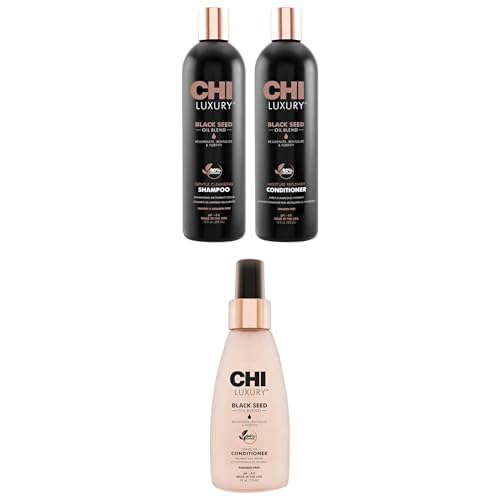 Bundle of CHI Brand Luxury Black Seed Oil Blend Gentle Cleansing Shampoo & Moisture Replenish Conditioner 12 Fl Oz Each (pack Of 2) + CHI Luxury Black Seed Oil Leave-In Conditioner, 4 Oz