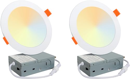 wahliwahli 2 Pack 6 Inch Ultra-Thin 5CCT LED Recessed Ceiling Light with Junction Box, 2700K/3000K/3500K/4000K/5000K Selectable, 12W, 110W Eqv, Dimmable Canless Wafer Downlight, 1050LM Brightness