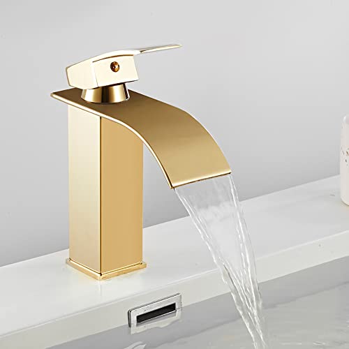 Robinet de lavabo anti-éclaboussures, mitigeur cascade or pour vanité