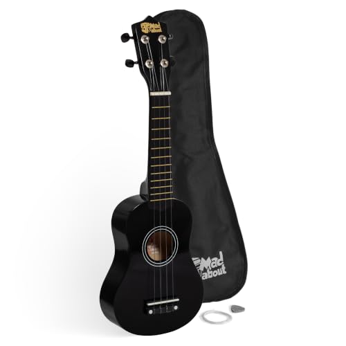 Tiger Mad About SU8 Ukulele Soprano en negro con estuche, púa y cuerdas de repuesto GRATIS, óptima para escuelas y principiantes