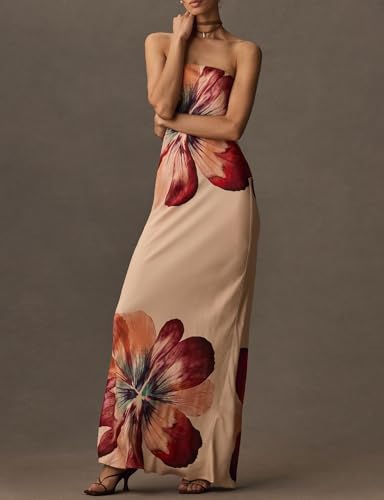 Image of Women Floral Strapless Maxi Dress Y2K Bodycon Tube Long Dresses Sexy Party Formal Cocktail Beach Slit Dress