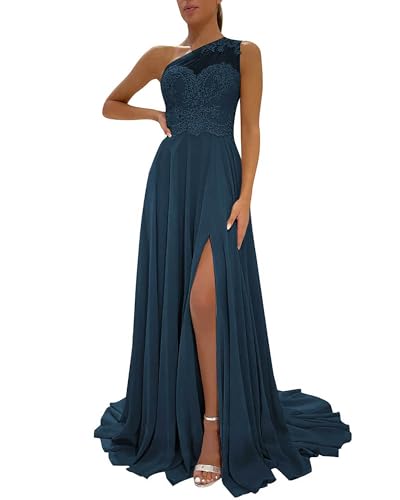 Image of LANGKAAO One Shoulder Lace Bridesmaid Dresses Long for Wedding A-Line Chiffon Slit Formal Party Gown with Pockets