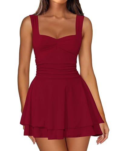 Image of IWD Women's Square Neck Sleeveless Mini Dress Ruched Waist Tiered Ruffle Hem A Line Short Dresses