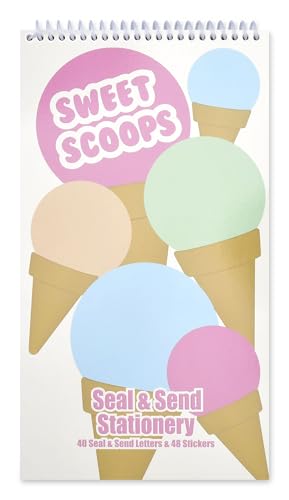 Image of iscream Fold and Send Girls Stationery Card Pad with Seals - Tasty Scoops | 40 Pack, Cute Design, Spiral Bound, Large 10.5 inch x 5.75 inch Cards, Coordinating Sticker Sheets, Fold and Send, Summer Camp Ready
