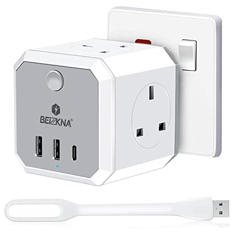 Plug Adapter with 3 USB, 4 Way Multi Plug Extension USB C Wall Socket Adaptor, 13A UK 3 Pin Cube Multiplug Switched Power Extender for Home, Office, Kitchen, White Cover