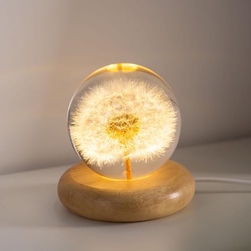 Product Image of the DEALFUN Real Flower Crystal Ball Night Light, Preserved Botanical Resin Sphere with Warm LED Wooden Base, Artistic Floral Lamp, Aesthetic Decor, Eternal Flower Gift for Women, Mom, Her (Dandelion)