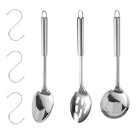 3 Stück Edelstahl Kochlöffel Set Suppenkelle und Servierlöffel und Schlitzlöffel Schöpflöffel Edelstahl Großer Salatlöffel Set mit 3 Edelstahlhaken für Küchenutensilien Restaurant Speisesaal