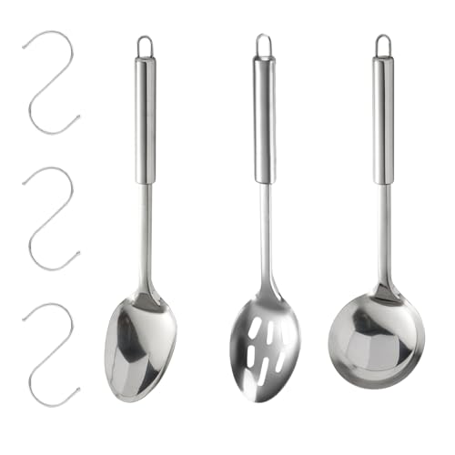 3 Stück Edelstahl Kochlöffel Set Suppenkelle und Servierlöffel und Schlitzlöffel Schöpflöffel Edelstahl Großer Salatlöffel Set mit 3 Edelstahlhaken für Küchenutensilien Restaurant Speisesaal