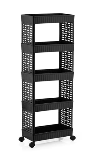 Image of Plastic Storage Trolley Rack with Wheels, 5-Layer Rolling Utility Cart, Space-Saving Home Organizer Rack, Kitchen, Bathroom, Office Storage| Black (1 Pcs, 5-Layer)