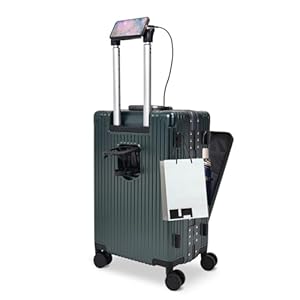 20” Hardside Aluminium Frame Luggage with Spinner Wheels Airline Approved, Carry On Suitcase with Front Pocket & USB Port & Cup Phone Holder（20 in Dark Green ）