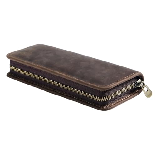 HIONJIN Leather Pencil Case Retro Crazy Horse Square Zipper(E)