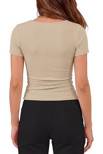 PRETTYGARDEN Womens Summer Tops 2026 Cute Cowl Neck Short Sleeve T-Shirts Ribbed Knit Fitted Spring Ruched Crop Top - image 5