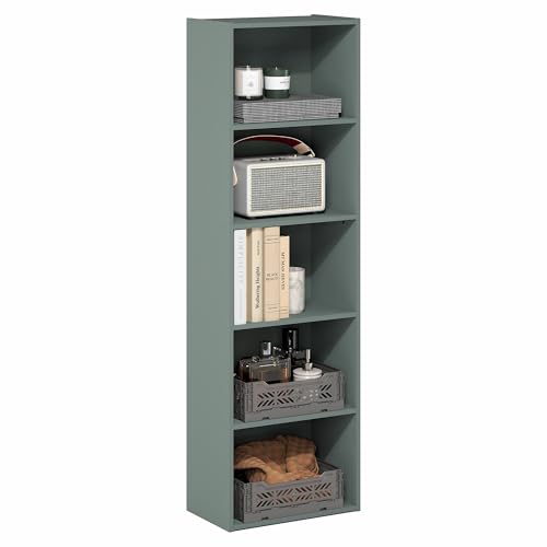 Image of Furinno LUDER Book Shelf, 5-Tier Bookshelf, Bookcase with Open Shelves, 9.4 x 15.8 x 52, Easy Assembly, for Living Room, Bedroom, Home Office, Sage Green